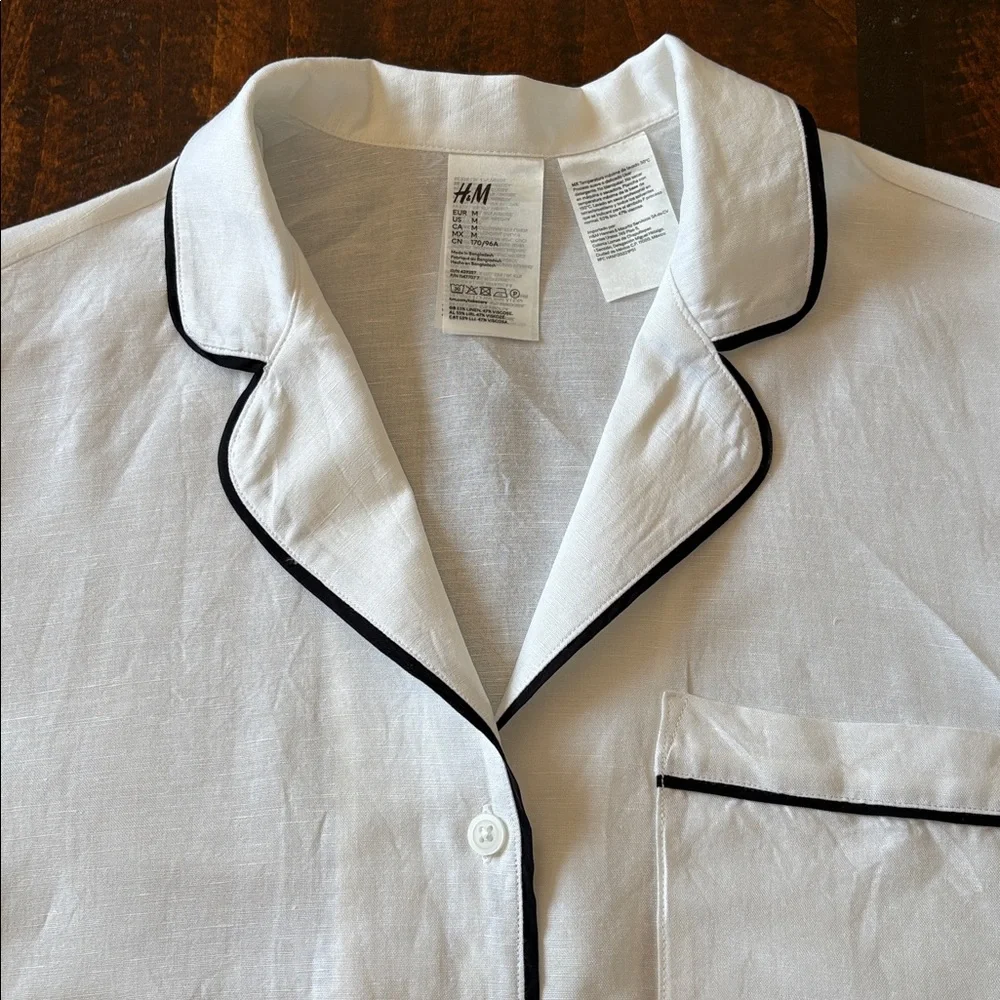 H&M Linen Blend Short Sleeved Shirt White Black Size Medium - Picture 7 of 13
